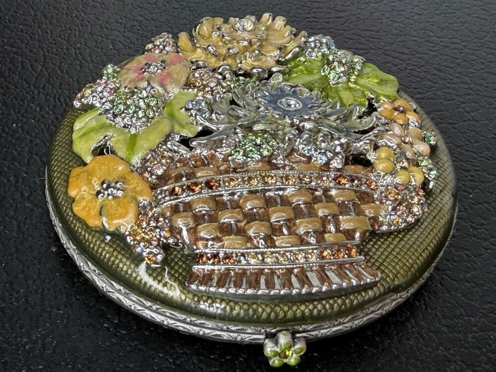 Vintage Jay Strongwater Double Mirror Compact Rhinestone Basket Of Flowers